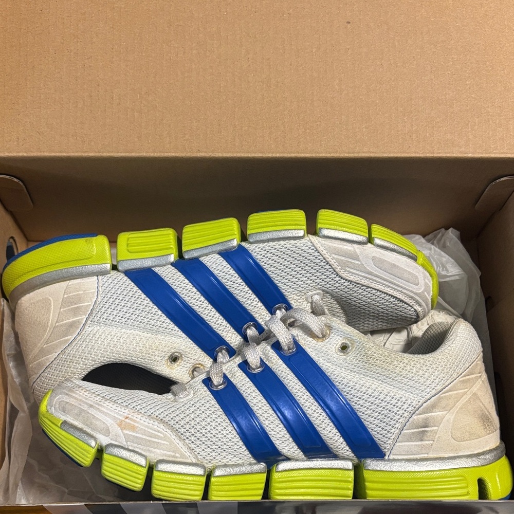 Adidas White and Blue Shoes with Neon Green Soles